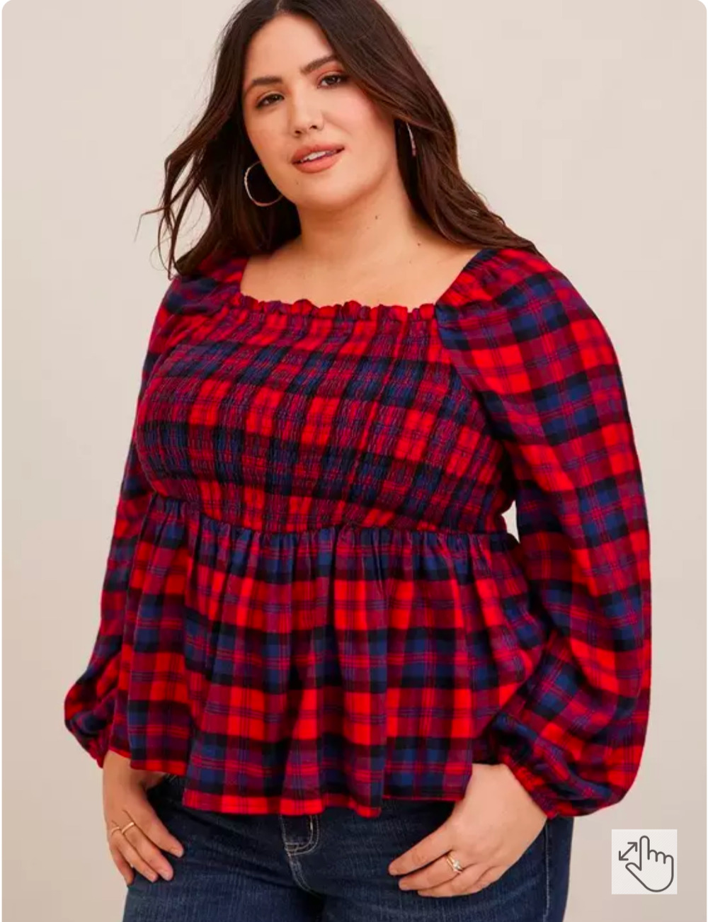 Torrid Smocked Top Womens 1X Red Plaid Balloon Sleeves Cottage Square Neck